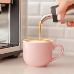 calm morning coffee setup, tropical coffee visuals, coffee and floral fusion, A hand pouring coffee into a pink cup, showcasing the art of brewing and the joy of coffee moments.