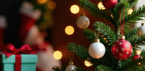 Ornaments in shades of red and white hang from a decorated Christmas tree, holiday, seasonal, gift box
