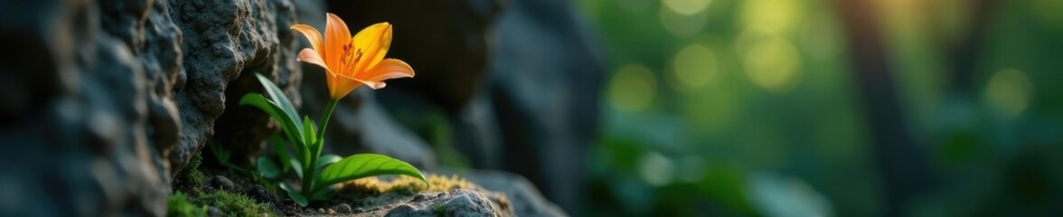 Obraz premium Orange yello lily stem with green leaves sprouting from a rocky crevice, leaves, flowers