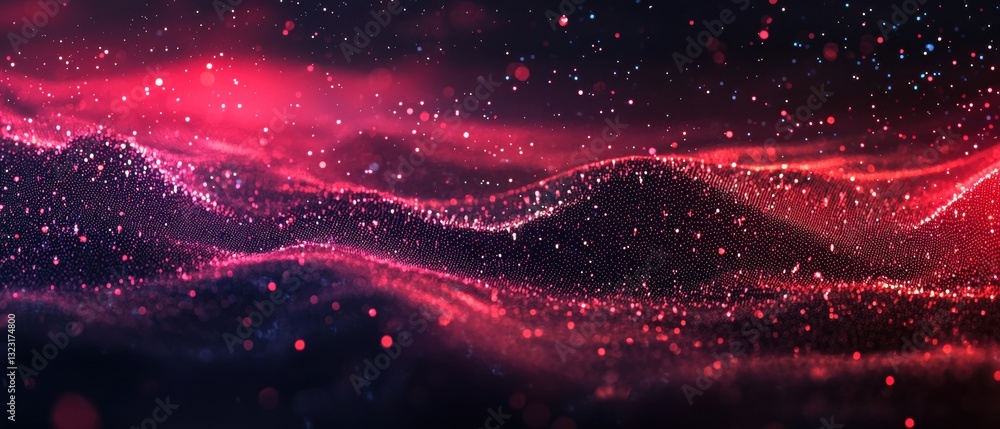 Poster a vibrant, abstract image featuring flowing waves of red and pink light interspersed with luminous d