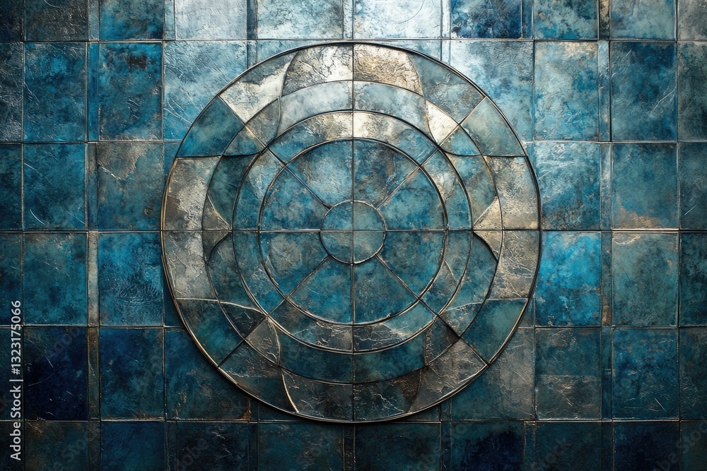 Poster intricate circular mosaic artwork with a geometric design, featuring teal and silver tiles.