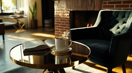 A steaming cup of coffee on a table by a fireplace