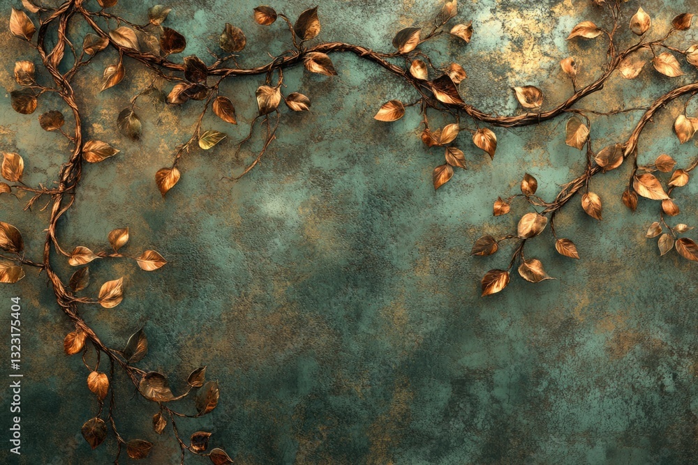 Poster elegant copper leaves branch on a rustic teal background, creating a sophisticated autumnal design.