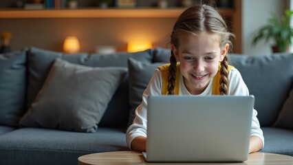 Naklejka premium A young girl with braided hair is sitting on a cozy couch in a warmly lit living room, smiling as she looks at her laptop screen.