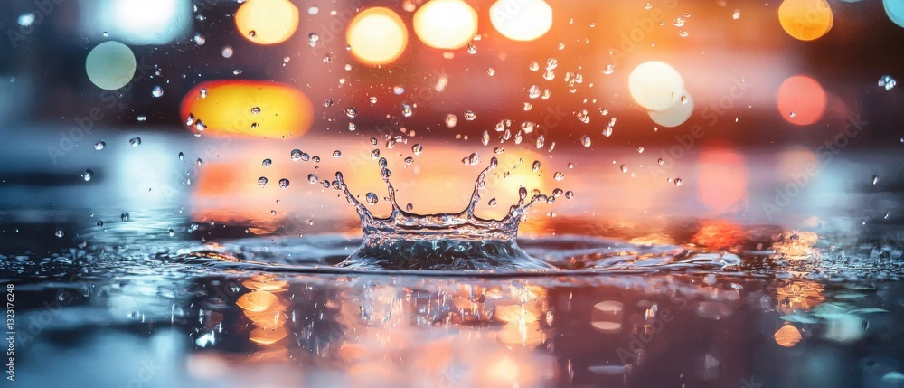 Poster a close-up image of a water droplet creating a splash, with colorful bokeh lights in the background.