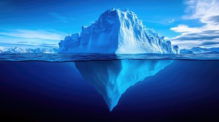 A massive iceberg floats above and below the ocean surface
