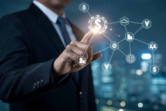 Businessman touching dollar sign on futuristic interface connecting global finance network
