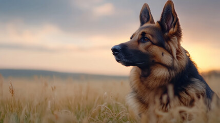 Majestic german shepherd dog running freely in a lush green field under a bright blue sky in realistic minimalist style