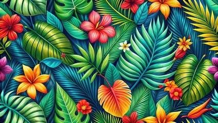 Fototapeta premium Vibrant floral patterns with tropical leaves and foliage in a bright colorful seamless background, tropical, nature