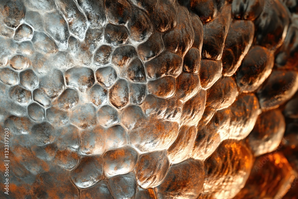 Poster close-up of a textured metallic surface with bubble-like formations, showcasing a blend of silver an