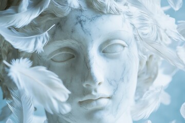 Elegant marble sculpture of a serene figure surrounded by soft feathers in a tranquil atmosphere