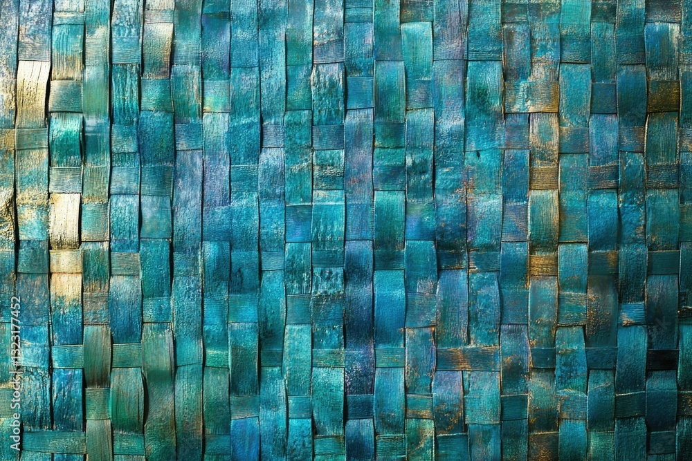 Poster abstract woven texture with teal, blue, and gold hues creating a mesmerizing pattern.