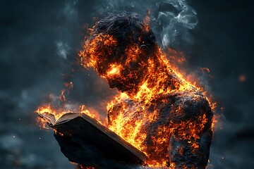 A fiery figure reads an open book with burning flames all around