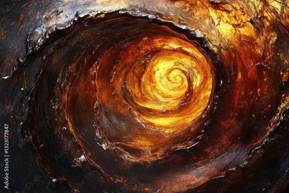 Poster a swirling vortex of fiery gold and dark, textured depths, creating a mesmerizing abstract image.