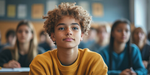 Engaging classroom scene student focus school environment educational content learning atmosphere thoughtful perspective