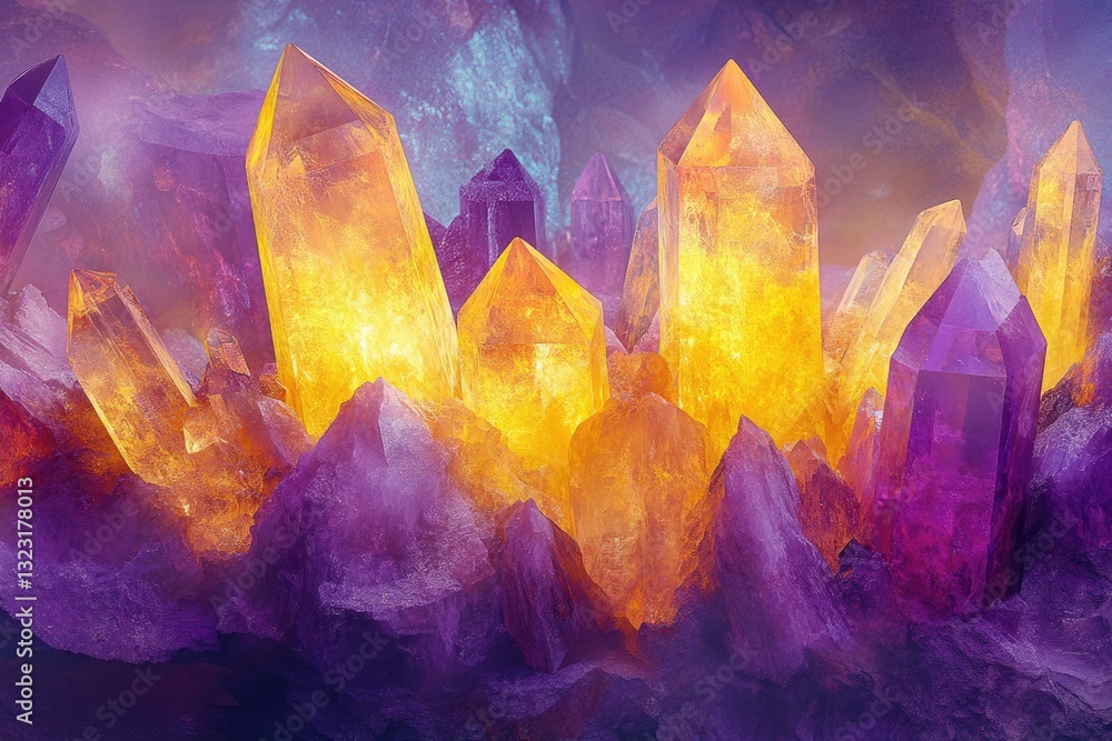 Aufkleber luminous yellow and purple crystals cluster together in a captivating geode, glowing with inner ligh