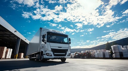 Efficient Logistics Delivery Truck Exiting Modern Warehouse in Sunny Day