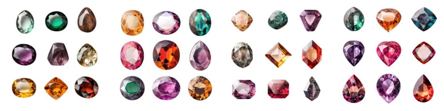 Striking collection of various colorful gemstones and precious stones with faceted surfaces including agate amethyst citrine diamond emerald garnet opal quartz ruby sapphire topaz and tourmaline