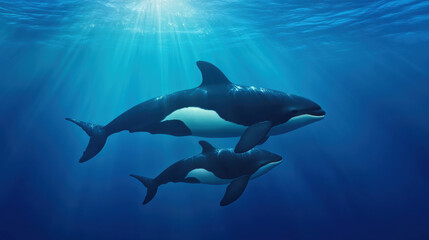 Fototapeta premium Two powerful killer whales swimming together in the open ocean showcasing their magnificent strength and beauty
