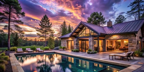 Fototapeta premium RUSTIC STONE AND WOODEN HOUSE SITTING NEAR A POOL UNDER AN ACRYLIC ROOF WITH A LATE EVENING PURPLE HUES SKY BACKGROUND AND TALL TREES ALONGSIDE THE HOUSE, acrylic roof, purple