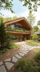 Fototapeta premium Cozy house nestled in the woods surrounded by lush greenery and natural beauty of the forest