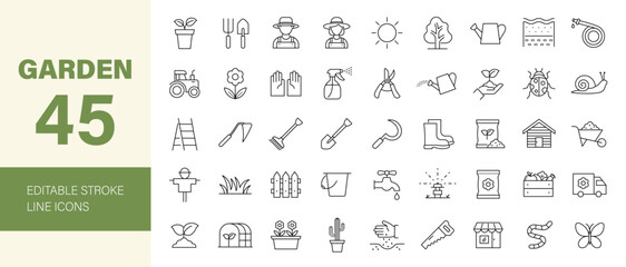 Garden icon set. Agriculture related icons: garden tools, gardening, Homi (Korean hand plow), fence, cultivate, sowing, wheelbarrow, shovel, tractor and more. Editable line icons. Vector illustration.