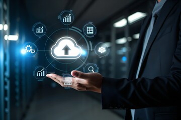 Fototapeta premium Cloud Technology Concept Businessman Presenting Cloud Computing Data Storage Solutions Online