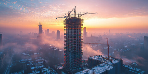 Construction progress of a towering skyscraper at sunrise urban landscape aerial view modern architecture