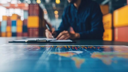 Business Professional Analyzing Global Trade Data in Warehouse Setting