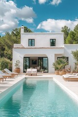 Fototapeta premium Modern white villa with pool, lounge chairs, and potted plants in southern France on a sunny day with clear blue sky.