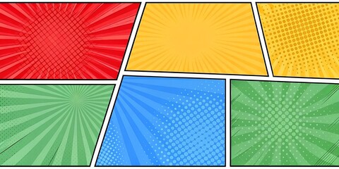 Comic Book Panels in Red, Yellow, Green, and Blue Retro Style Backgrounds for Graphic Design Projects
