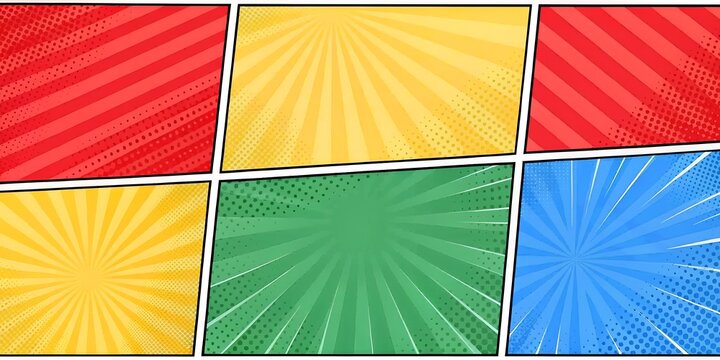 Comic book panel background with colorful radial patterns and halftone effects for graphic novels