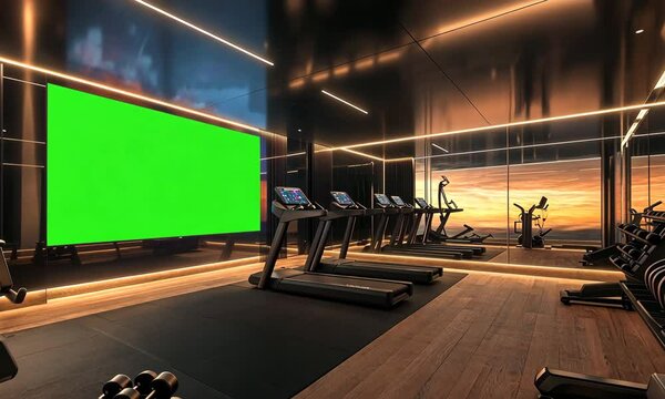 A modern gym interior featuring treadmills and exercise equipment, with a large green screen and a scenic backdrop, designed for fitness and wellness activities.