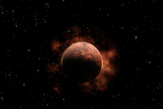 Red Planet in Space with Surrounding Dust Cloud