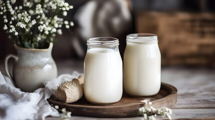 "Two Glass Jars of Fresh Milk on a Wooden Tray, with Baby's - Breath Flowers and a Wooden Utensil; Rustic and Cozy Still - Life for Food Blogging, Social Media Posts, or Menu Design

Explanation:
- **