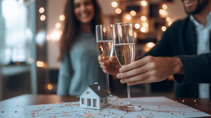 Couple celebrates new home purchase, champagne toast, cozy home
