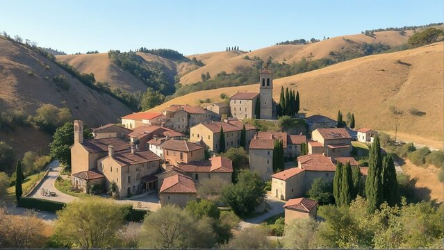 Generative A.I. envisions a picturesque village nestled in rolling green hills, with terracotta rooftops, rustic stone buildings, and a towering church spire under a serene blue sky