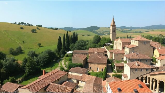 Generative A.I. envisions a picturesque village nestled in rolling green hills, with terracotta rooftops, rustic stone buildings, and a towering church spire under a serene blue sky