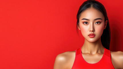 Female athlete dressed in a vibrant red top engaged in a heptathlon event displaying skill and agility in sports