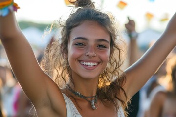 Young woman dancing to the music at a concert. This concert was created for the sole purpose of this photo shoot, featuring 300 models and 3 live bands. All people in this shoot are model