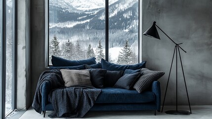 Cozy blue sofa in mountain view home