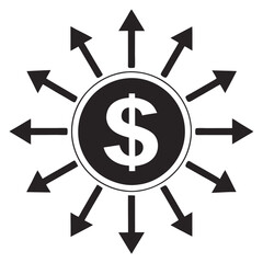 Business Network and Money Flow Icon – Black and White Circular Financial Connection Concept with People and Dollar Symbol for Economy, Investment, Crowdfunding, and Marketing
