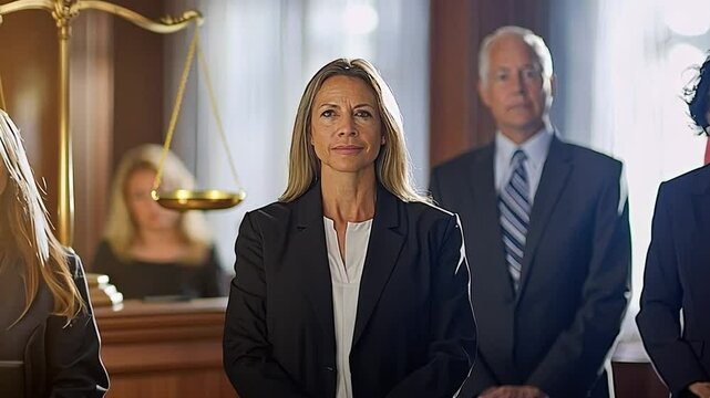 Justice Served: A poised legal team stands together in a courtroom setting, ready to defend their clients and uphold the principles of justice and fairness.