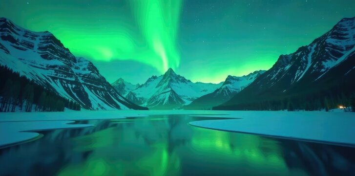 Ethereal curtains of green glow over the frozen lake's dark surface, frozen water, mountain range, lake