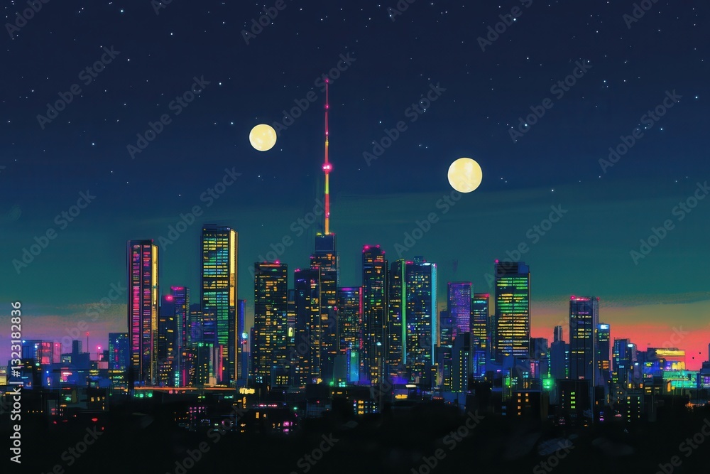 Aufkleber vibrant nighttime cityscape with illuminated skyline and visible moon in the sky