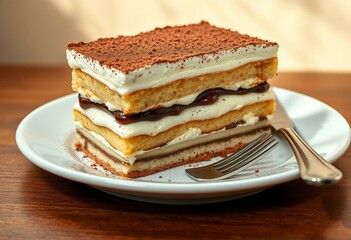 A delicious tiramisu dessert on a white plate