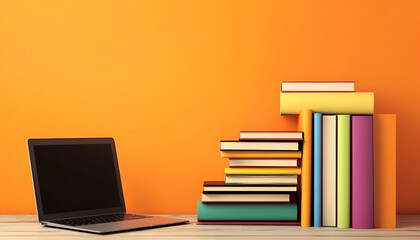 Stacks of colorful books and laptop on wooden table against orange background, space for text