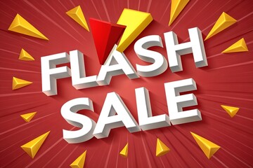 Dynamic Flash Sale Announcement with 3D Text and Geometric Shapes on a Red Background