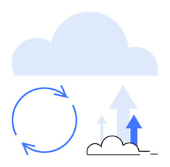 Blue cloud above arrows and circular loop indicating data flow and cyclic process. Ideal for technology, sustainability, innovation, digital transformation, networking, efficiency, analytics. Flat