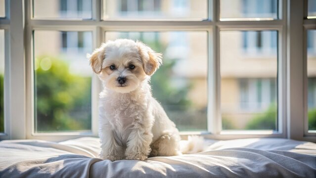 Bichon Frize puppy sitting on bed with window view, soft, puppy, soft,puppy,dog,sitting,whiskers,window view,gentle,view,doggy,snuggly